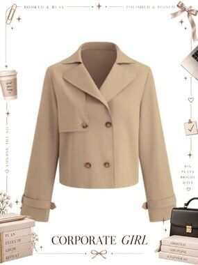 Women's Cropped Trench Coat Double Breasted Short Pea Coat Loose Fit Lightweight